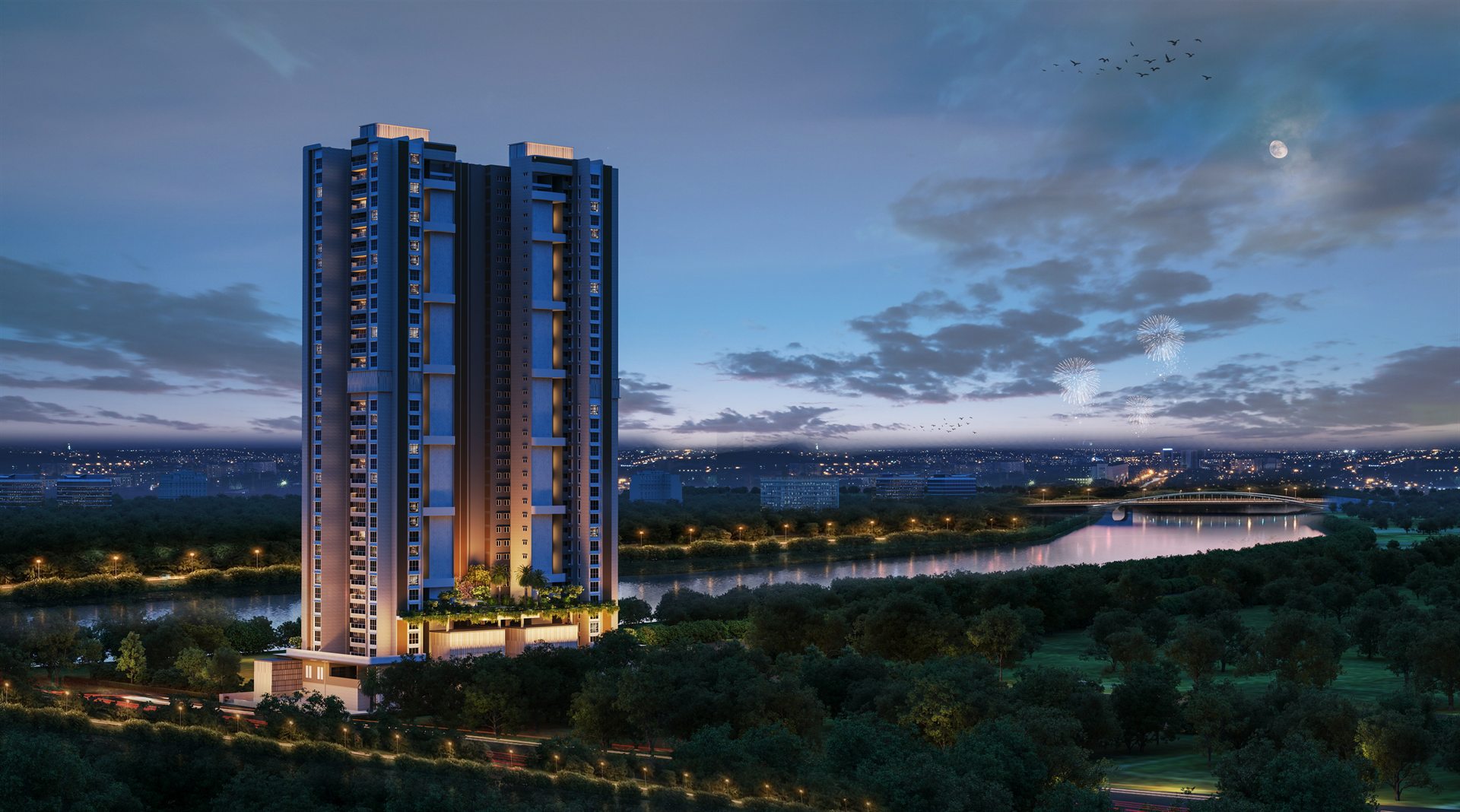 Promenade Residences at Blue Ridge - night exterior render, Hinjawadi Pune