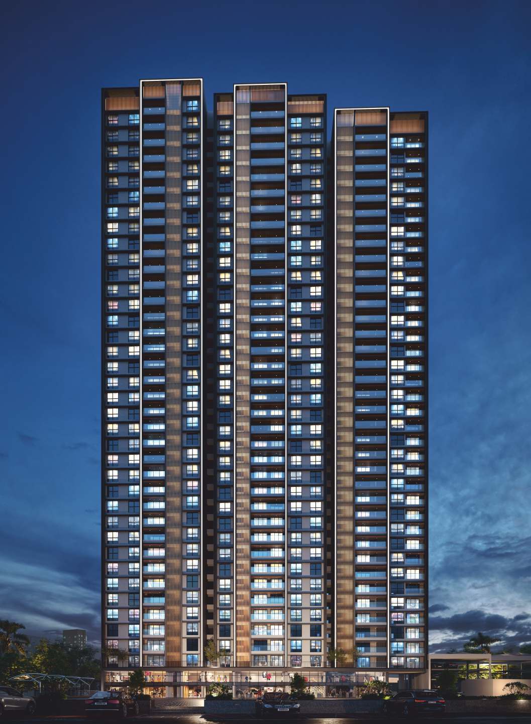 Promenade Residences at Blue Ridge - tower exterior at night, Hinjawadi Pune